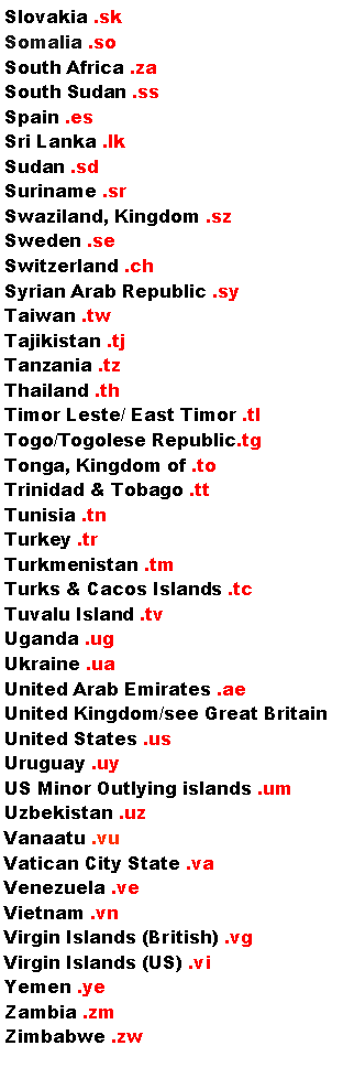 Text Box: Slovakia .skSomalia .soSouth Africa .zaSouth Sudan .ssSpain .esSri Lanka .lkSudan .sdSuriname .srSwaziland, Kingdom .szSweden .seSwitzerland .chSyrian Arab Republic .syTaiwan .twTajikistan .tjTanzania .tzThailand .thTimor Leste/ East Timor .tlTogo/Togolese Republic.tgTonga, Kingdom of .toTrinidad & Tobago .ttTunisia .tnTurkey .trTurkmenistan .tmTurks & Cacos Islands .tcTuvalu Island .tvUganda .ugUkraine .uaUnited Arab Emirates .aeUnited Kingdom/see Great BritainUnited States .usUruguay .uyUS Minor Outlying islands .umUzbekistan .uzVanaatu .vuVatican City State .vaVenezuela .veVietnam .vnVirgin Islands (British) .vgVirgin Islands (US) .viYemen .yeZambia .zmZimbabwe .zw